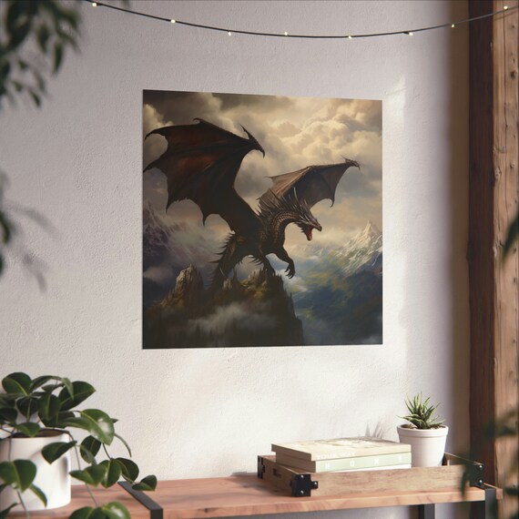 Powerful Dragon Flying Fantasy Poster, Mountaintop