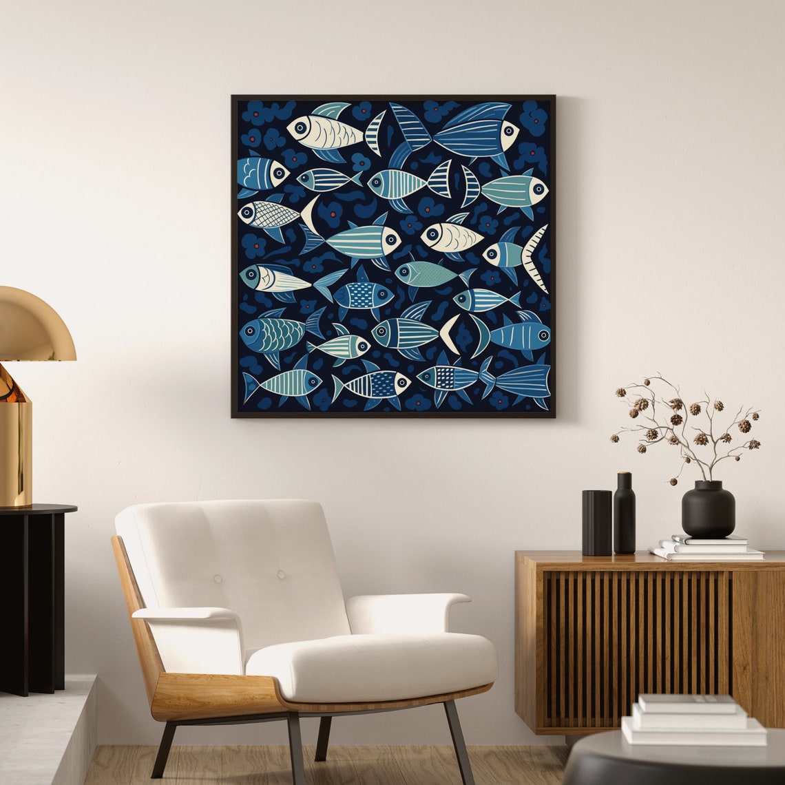 Blue Fish Pattern Poster, Monochromatic Abstract