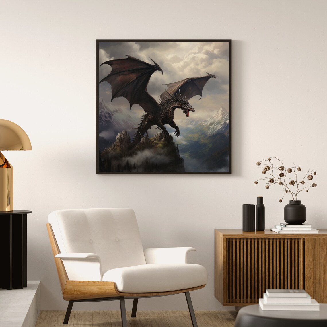 Powerful Dragon Flying Fantasy Poster, Mountaintop - Image 3