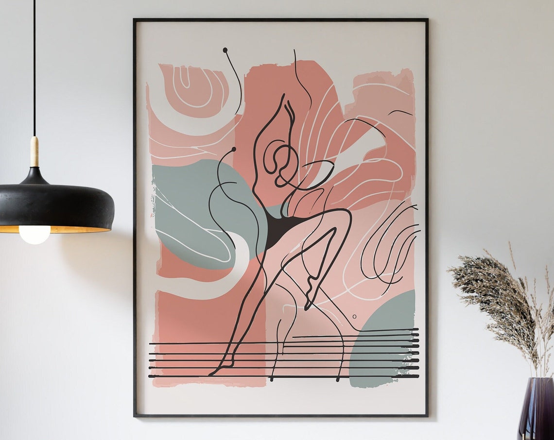 Contemporary Dancer Line Art Pastel Pink Blue Abstract Wall Art