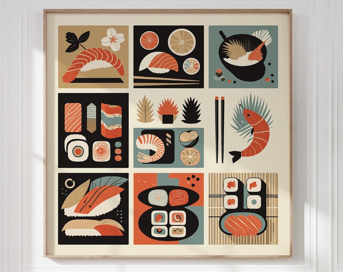 Sushi Grid Poster Nine Panel Japanese Food Illustration Squares