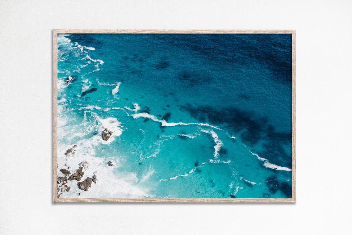 Aerial Ocean Waves Photography Poster Teal Sea Texture Coastal Art