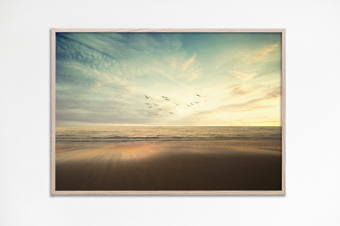Pastel Beach Sunset Birds Flying Ocean Serene Photography Poster