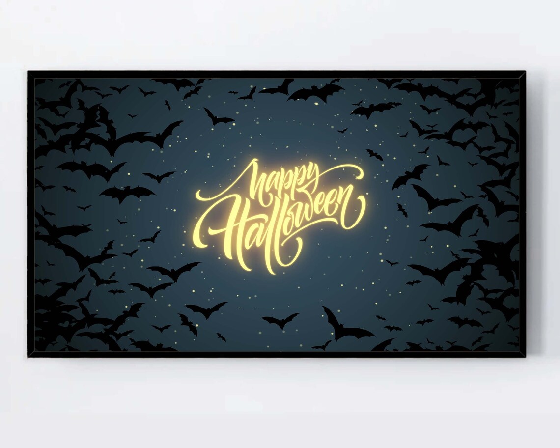Happy Halloween Neon Sign Bats Night Sky Spooky Season Wall Poster