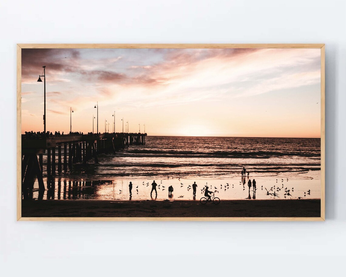 Ocean Pier At Sunset Silhouettes Beach People Seabirds Poster