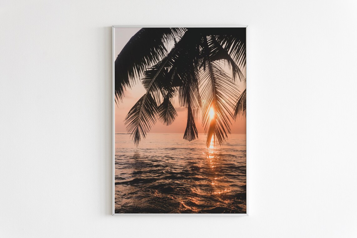 Tropical Beach Sunset With Palm Silhouettes Ocean Photo Poster