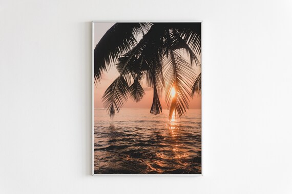 Tropical Beach Sunset With Palm Silhouettes Ocean Photo Poster