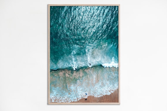 Aerial Teal Ocean Waves Surfers Overhead Beach Photo Wall Poster