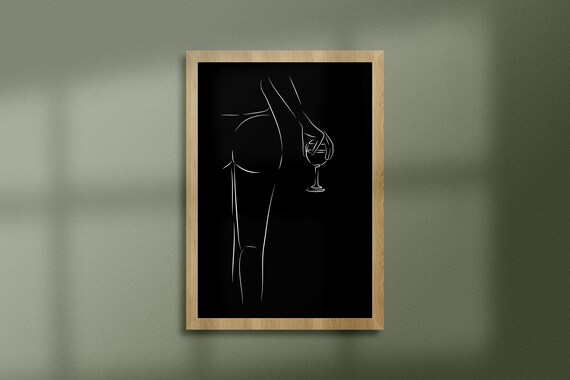 Woman Holding Wine Glass White Line Art on Black Elegant Body Print