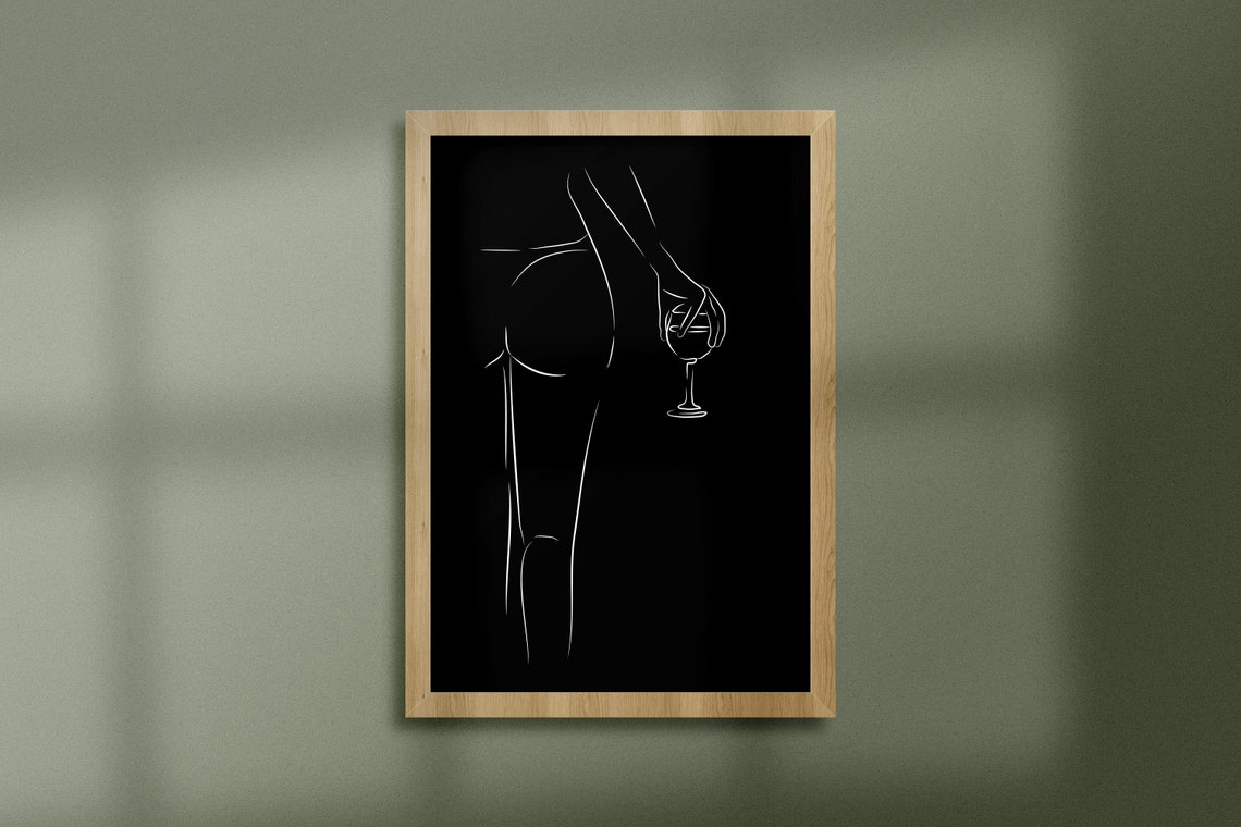 Woman Holding Wine Glass White Line Art on Black Elegant Body Print