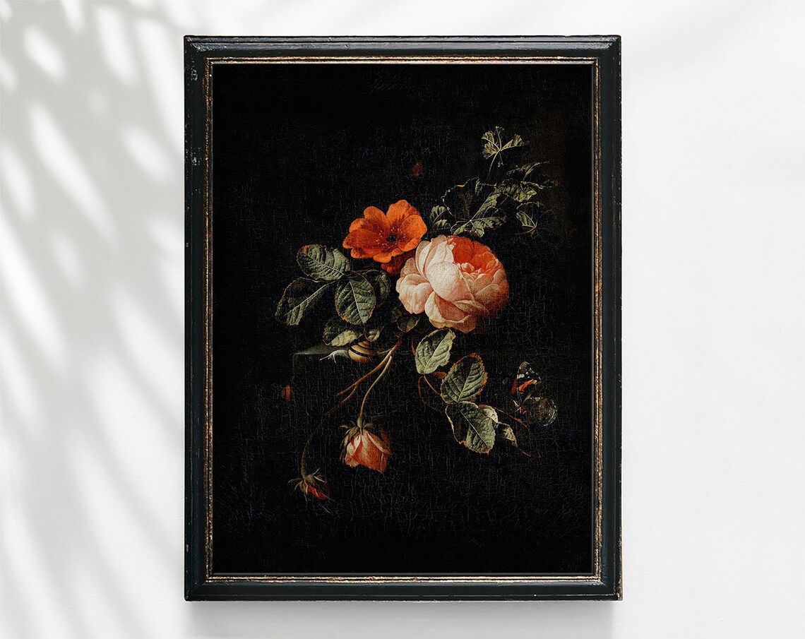 Dark Academia Floral Still Life Roses Poppy Old Master Wall Art
