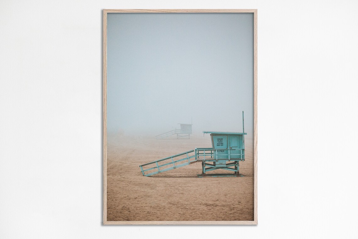 Foggy Beach Lifeguard Towers Photo Moody Coastal Minimalist Ocean Print