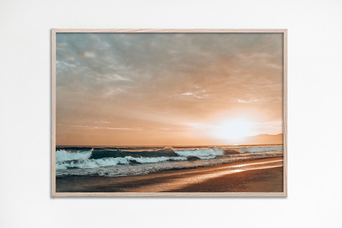 Warm Golden Beach Sunset Waves Coastal Photography Art Poster