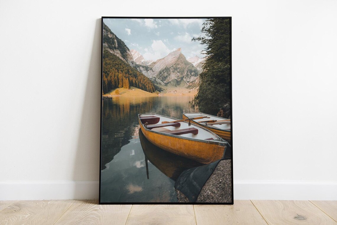 Wooden Canoes Mountain Lake Photo Calm Water Reflection Wall Poster