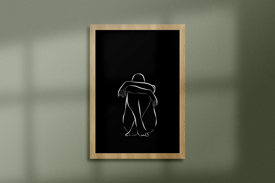 Seated Nude Figure White Line Art on Black Minimalist Body Print