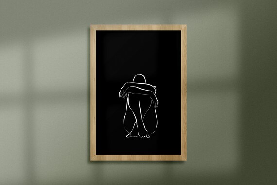 Seated Nude Figure White Line Art on Black Minimalist Body Print