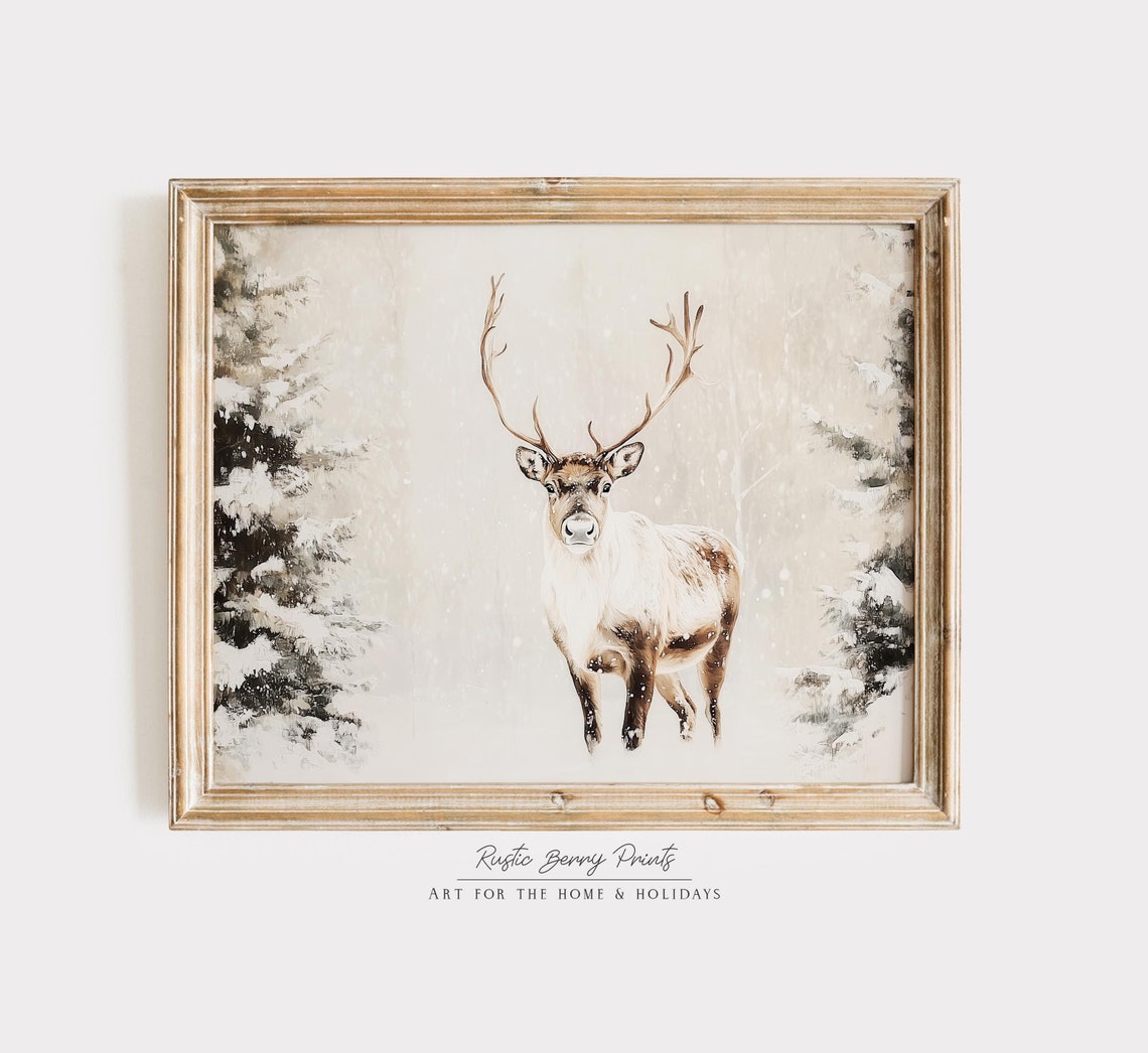 Vintage Reindeer Standing In Snowy Forest Clearing Winter Scene Poster