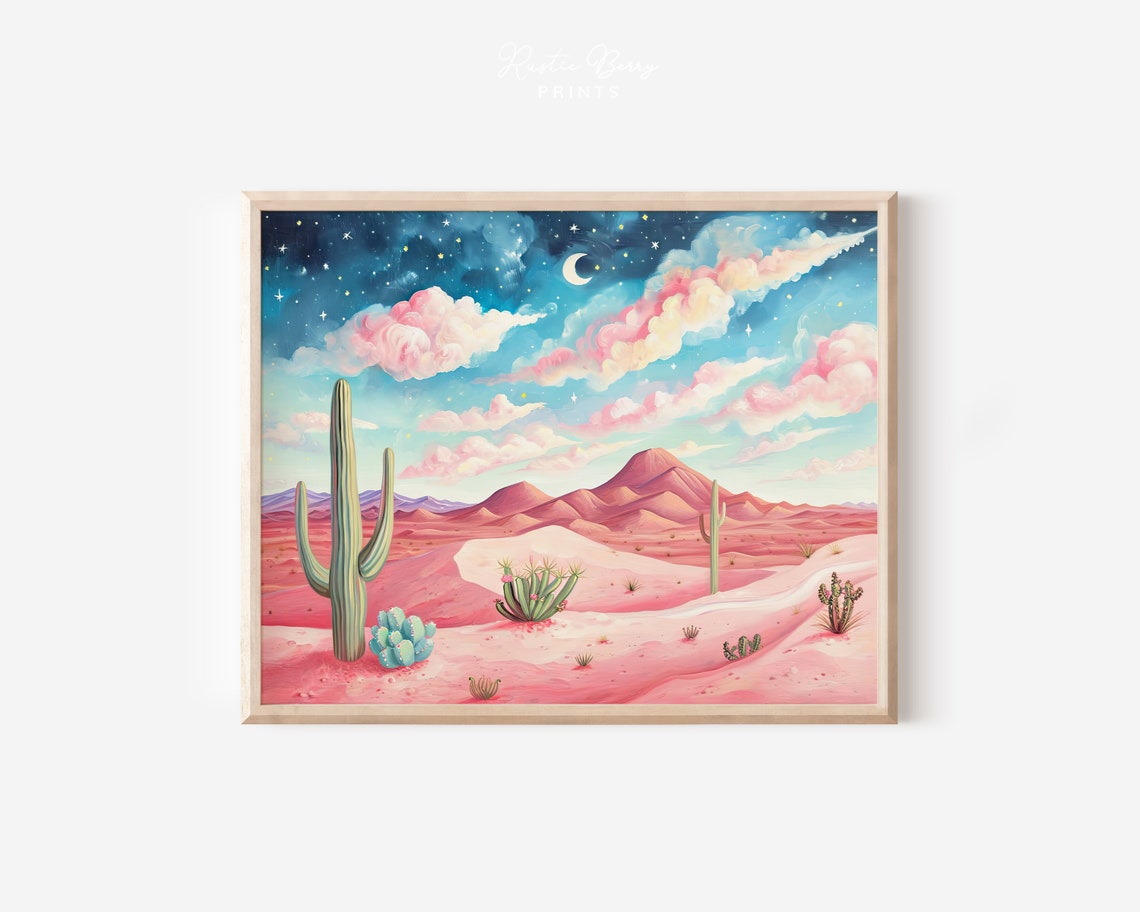 Pink Desert Night Cacti Crescent Moon Cloudy Sky Western Wall Poster