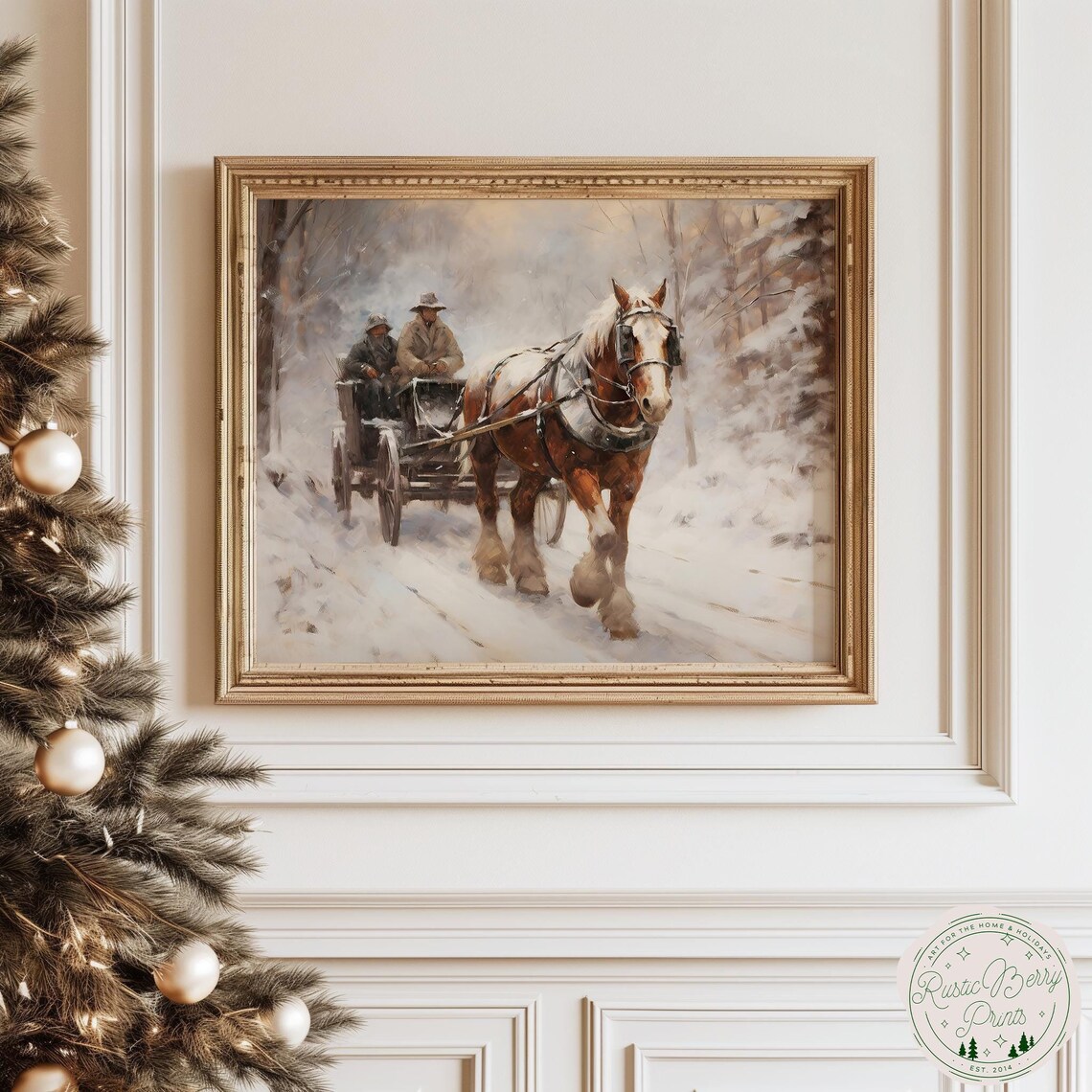 Horse Drawn Sleigh Snowy Winter Woods Vintage Oil Painting Art Print