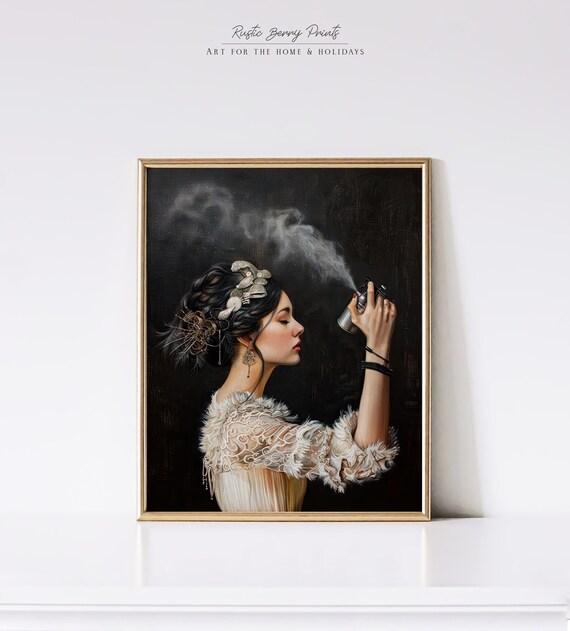 Vintage Woman Spraying Hairspray Dark Background Humorous Beauty Poster