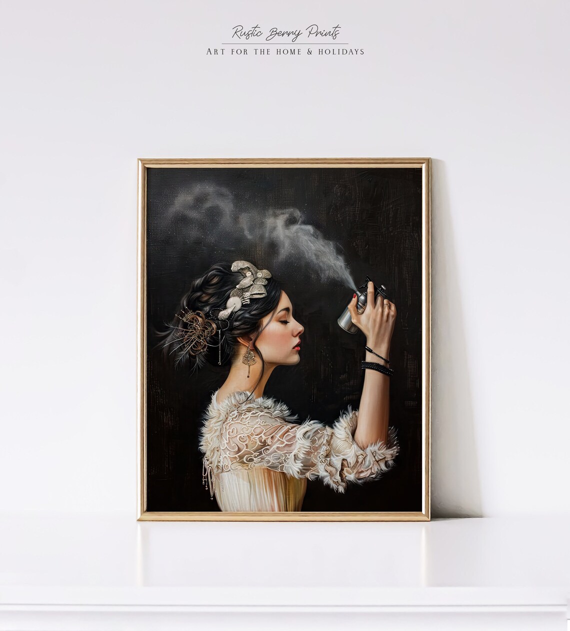 Vintage Woman Spraying Hairspray Dark Background Humorous Beauty Poster