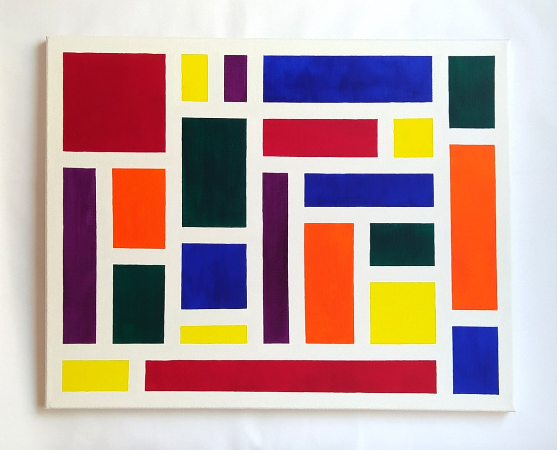 Colorful Mondrian Style Geometric Abstract Art Painting Horizontal Vertical Painting On Wall Art Dcor Housewarming Gift