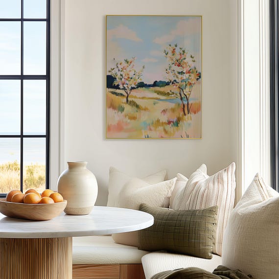 Pastel Meadow Landscape Art Print Flowering Trees Summer Countryside