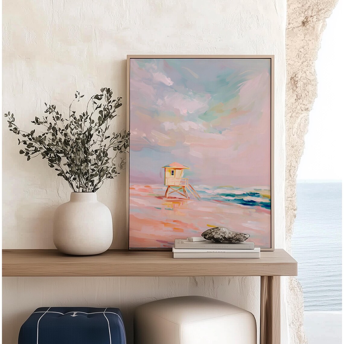Lifeguard Tower Pastel Beach Painting Soft Pink Coastal Art Poster
