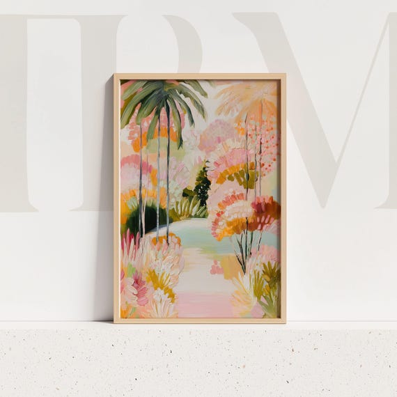 Pink Palm Tree Print Tropical Garden Coastal Botanical Art