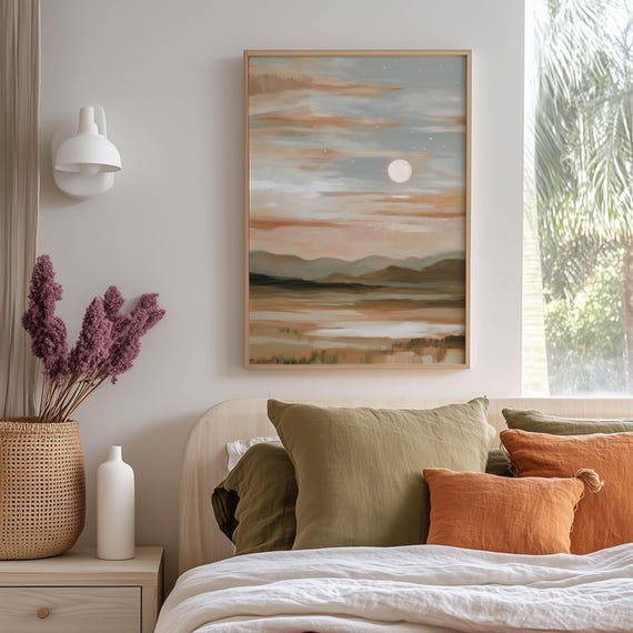 Full Moon Landscape Art Print Autumn Sunset Painting With Mountains And Fields