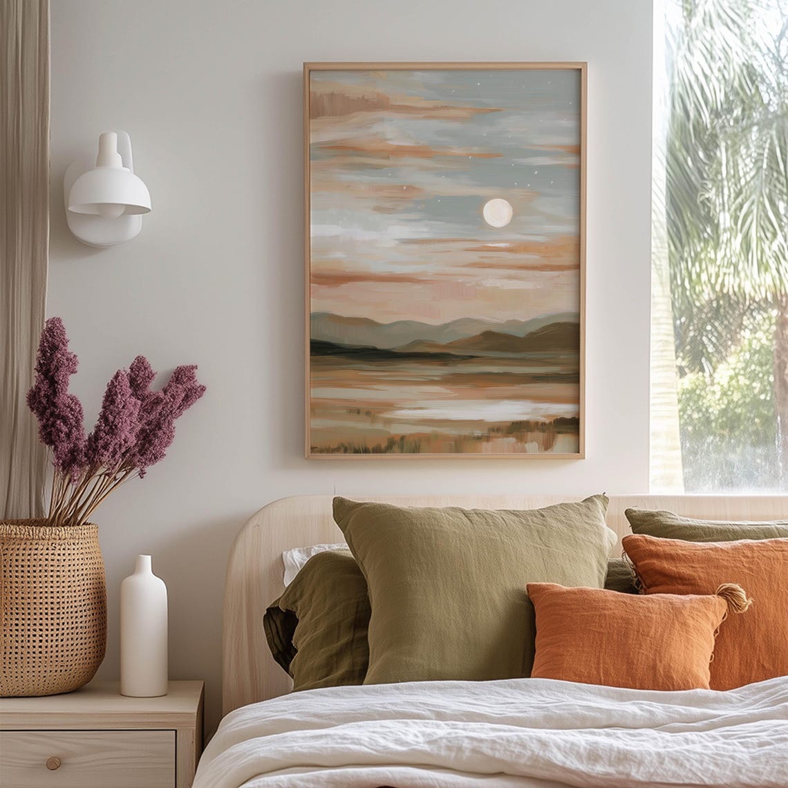 Full Moon Landscape Art Print Autumn Sunset Painting With Mountains And Fields