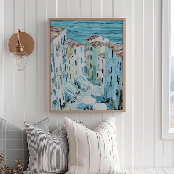 Mediterranean Coastal Town Street Sea Pastel Impressionist Poster