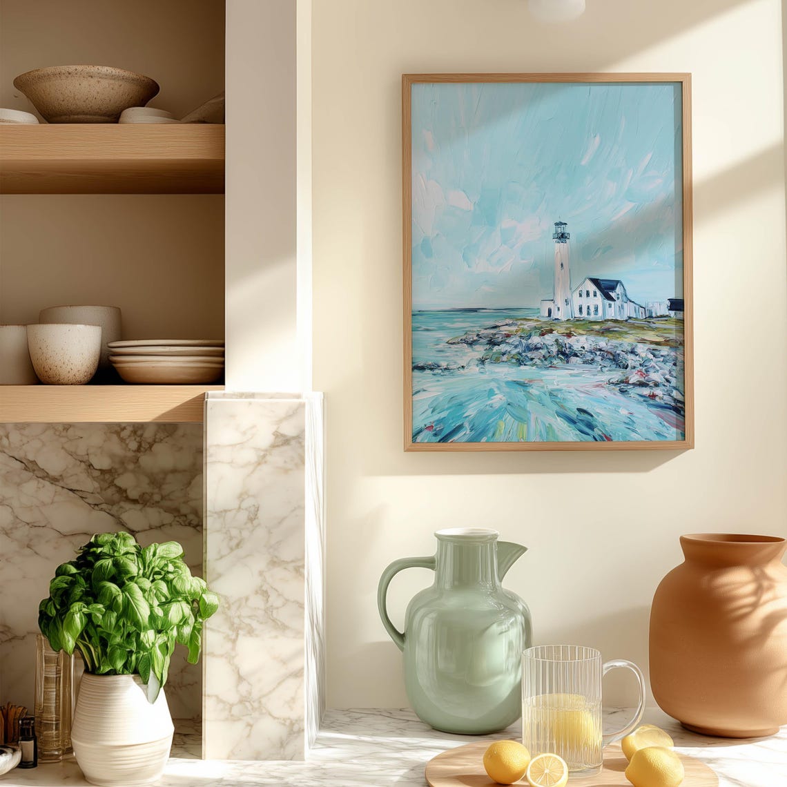 White Lighthouse Rocky Coast Blue Ocean Impasto Painting Poster