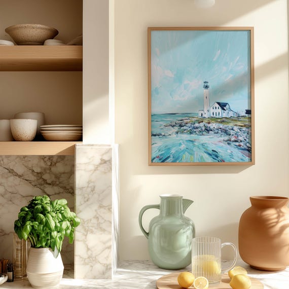 Lighthouse Coastal Art Print Ocean Painting With Blue Sky And Rocky Shore