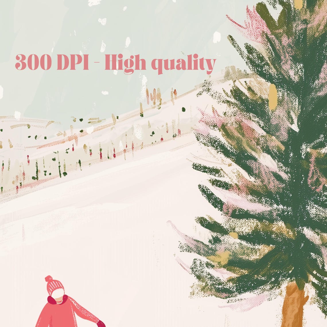 Child on a Snowy Hill with Pine Tree Pastel Ski Scene Poster