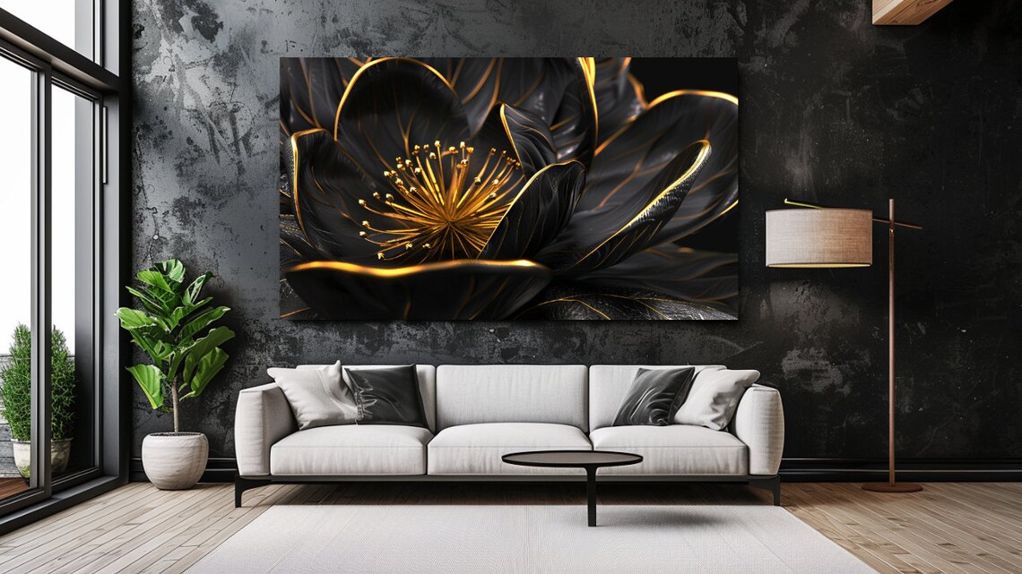 Black Gold Bloom Luxury Design Wall Art Print for Home Decor