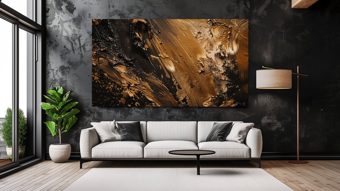 Brown Gold Black Textured Abstract Brushstrokes Luxury Wall Art