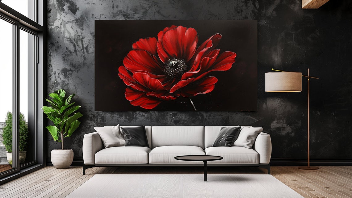 Red Poppy Flower Black Background Bold Dramatic Floral Art Poster