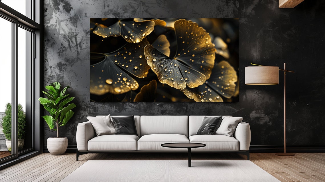 Golden Ginkgo Biloba Leaves Dew Drops Black Elegant Wall Art