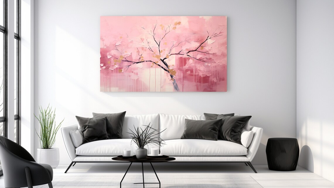 Soft Pink Blossom Branches Abstract Painting Modern Wall Art