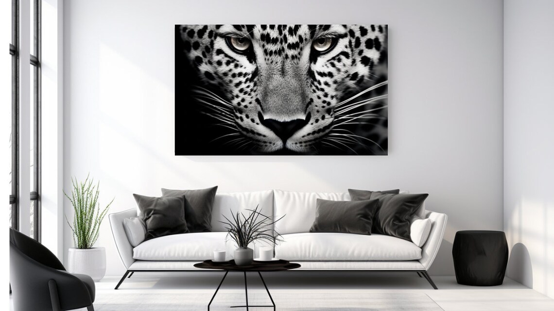 Black and White Leopard Face Close-Up Intense Gaze Wild Big Cat Wall Art Poster