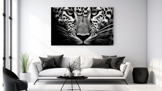Black and White Leopard Face Close-Up Intense Gaze Wild Big Cat Wall Art Poster