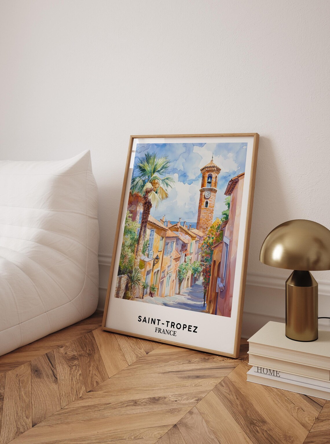 Saint Tropez France Watercolor Street Church Tower Travel Poster