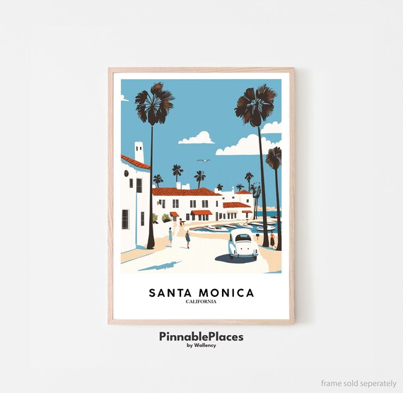 Santa Monica California Vintage Palms Harbor Scene Travel Poster