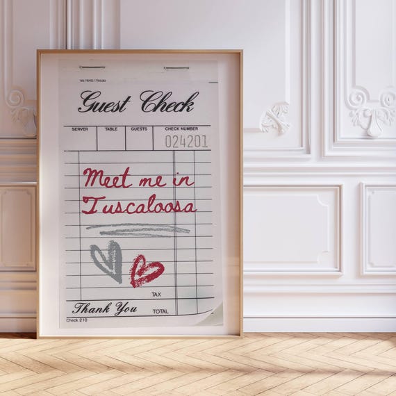 Meet Me In Tuscaloosa Wall Art Guest Check Note Alabama Poster Bama Print Location Gift Travel Bar Cart Decor