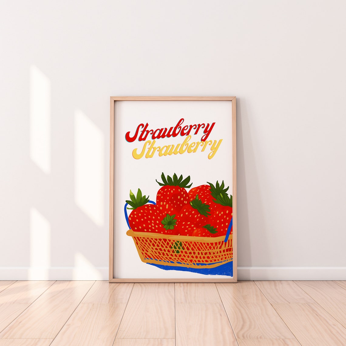 Whimsical Double Strawberry Basket Retro Fruit Kitchen Script Poster