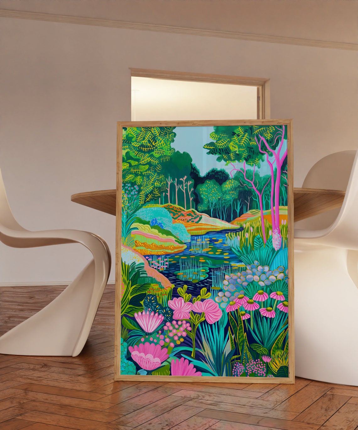 Colorful River Stream Pink Floral Jungle Abstract Art Poster - Image 2
