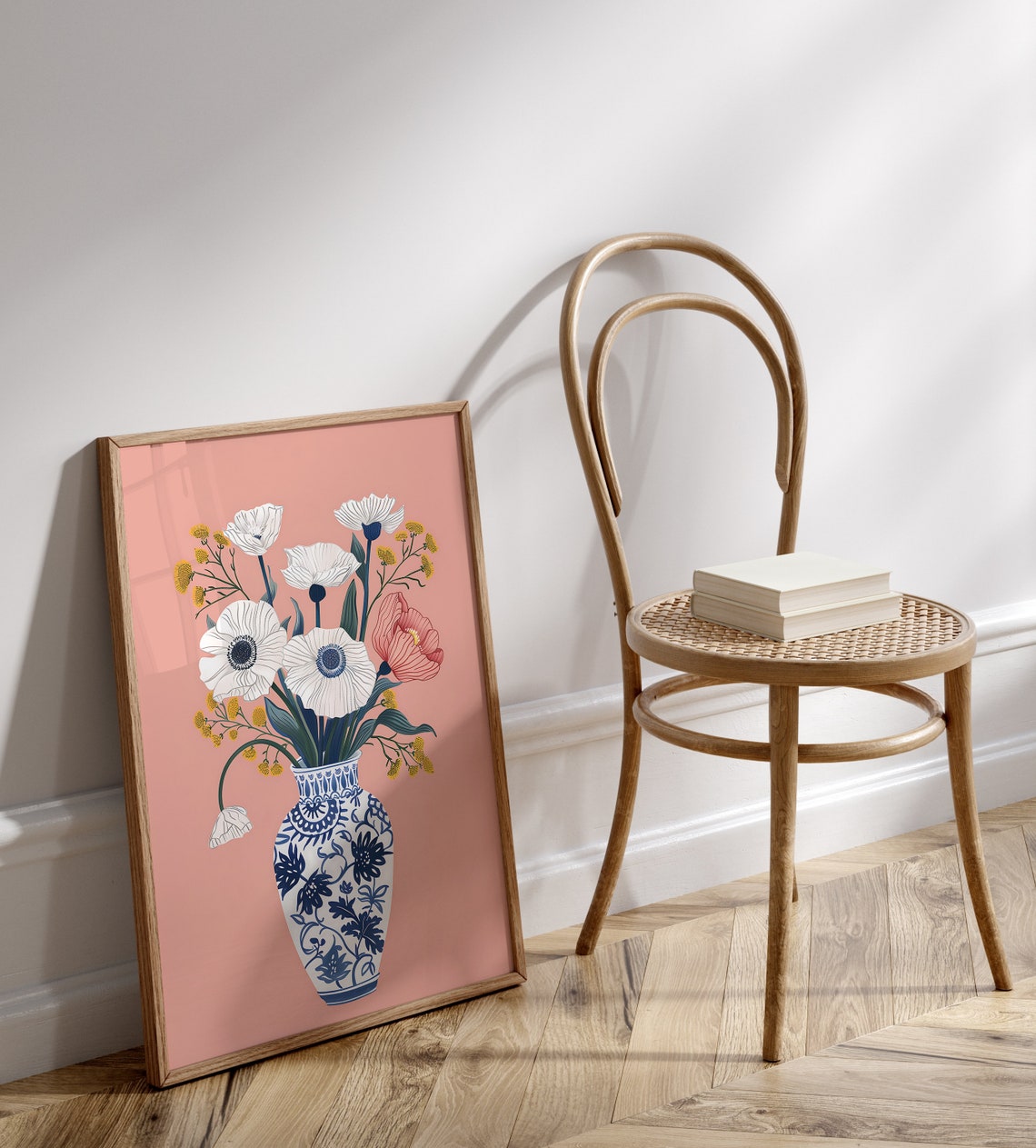 White Poppies Blue White Vase Pink Background Floral Art Poster - Image 2