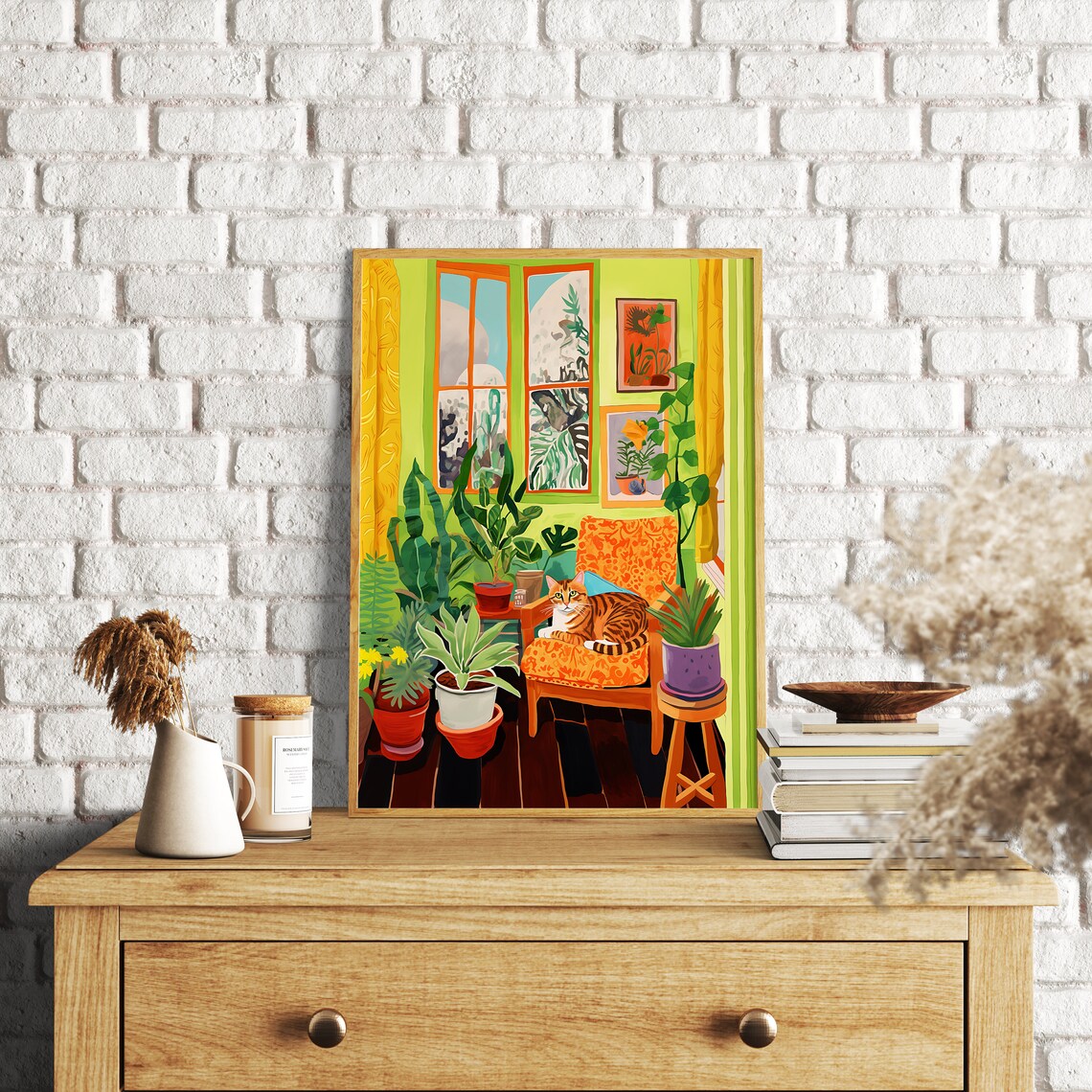 Orange Cat Living Room Boho Plants Poster Print - Image 3