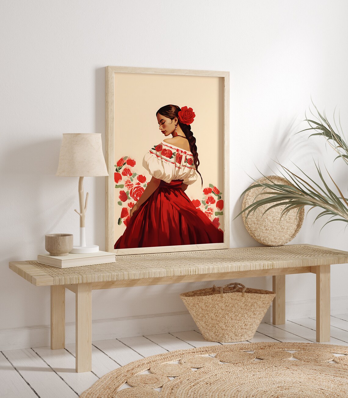 Beautiful Mexican Folk Art Woman Red Embroidered Floral Dress Poster - Image 2
